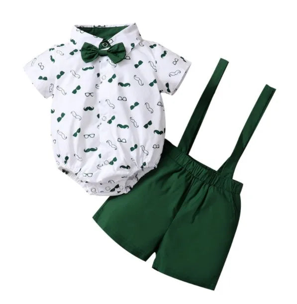 Ensemble garçon 2 pièces - Chemise à col imprimé barbe manches courtes + Short à bretelles couleur unie