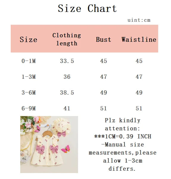 2Pcs Baby girl Dress Round neck Bow print Ruffle Edge Dress+Hat Set suitable for Giving to 0-9 Month Baby girl Newborn Dress