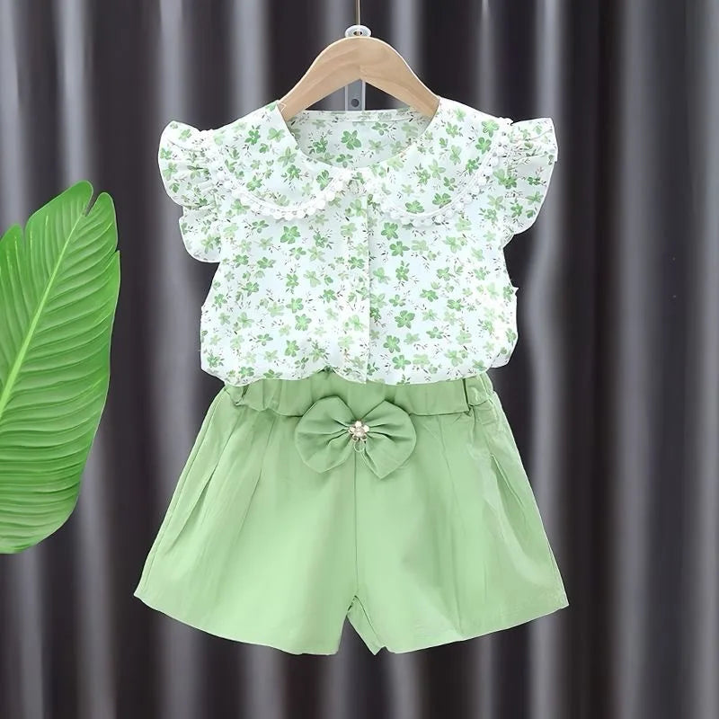 Ensemble fille 2 pièces imprimé fleurs - T-shirt manches courtes + Short - Tenue d'été décontractée