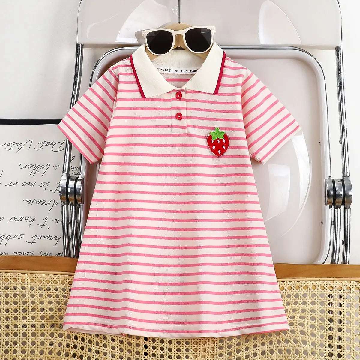 Robe d'été fille à col rayée motif fraise - Robe décontractée pour filles de 1 à 10 ans