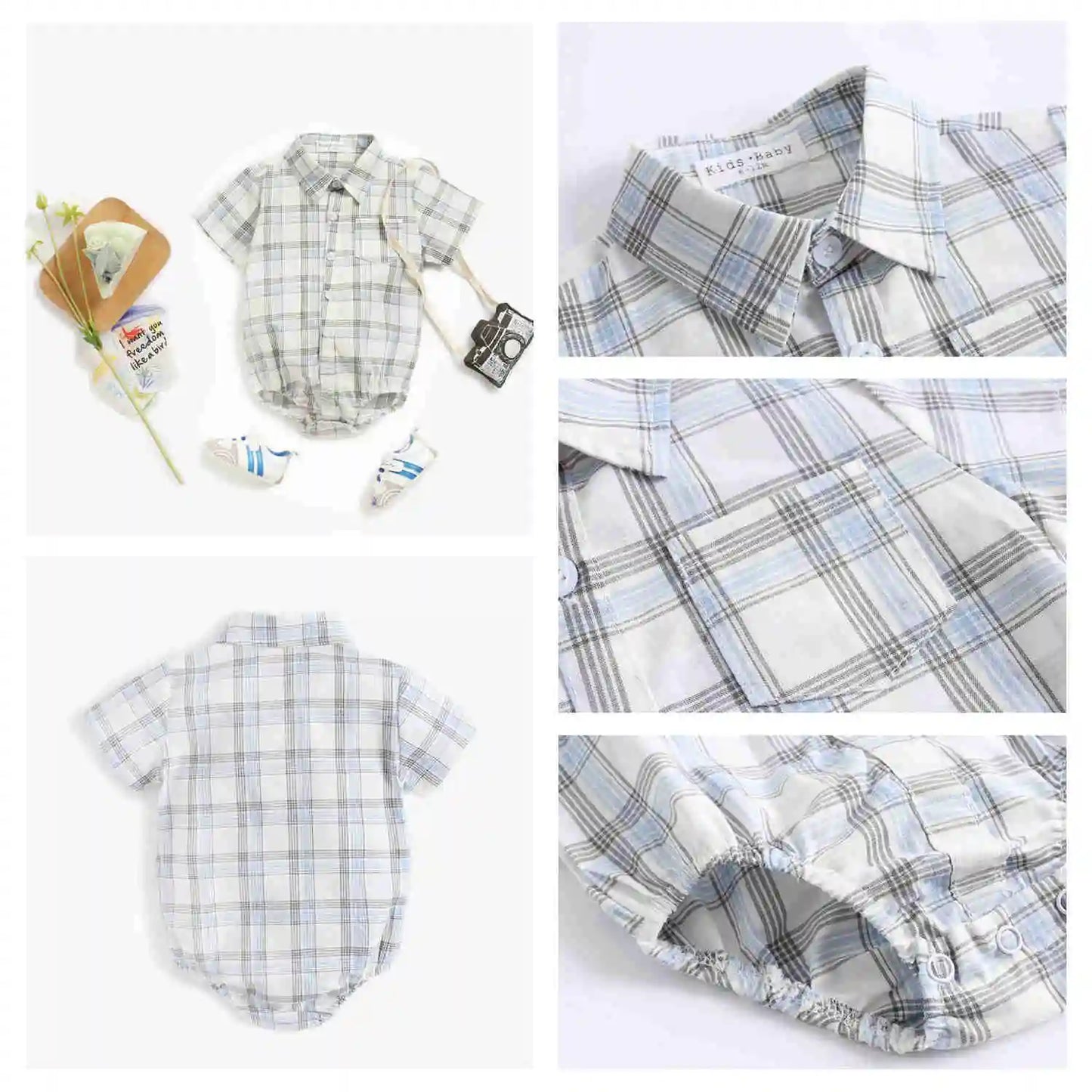 Body Manches Courtes pour Bébé Garçon - Coton Doux - Motif Carreaux - 0 à 12 mois