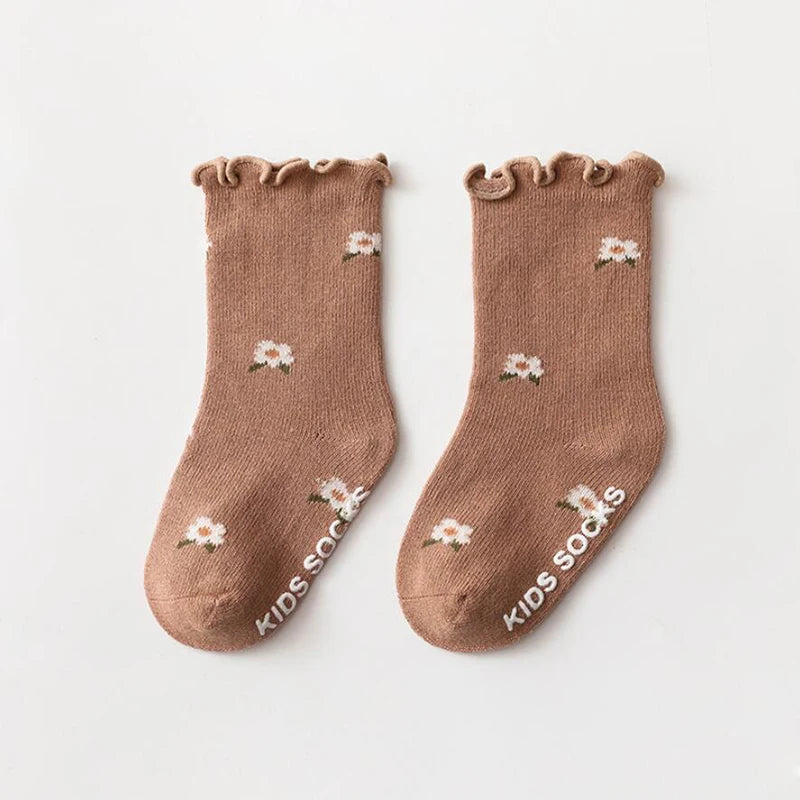 Chaussettes Bébé Fille Antidérapantes - Coton Doux - Motif Floral - 0-5 ans