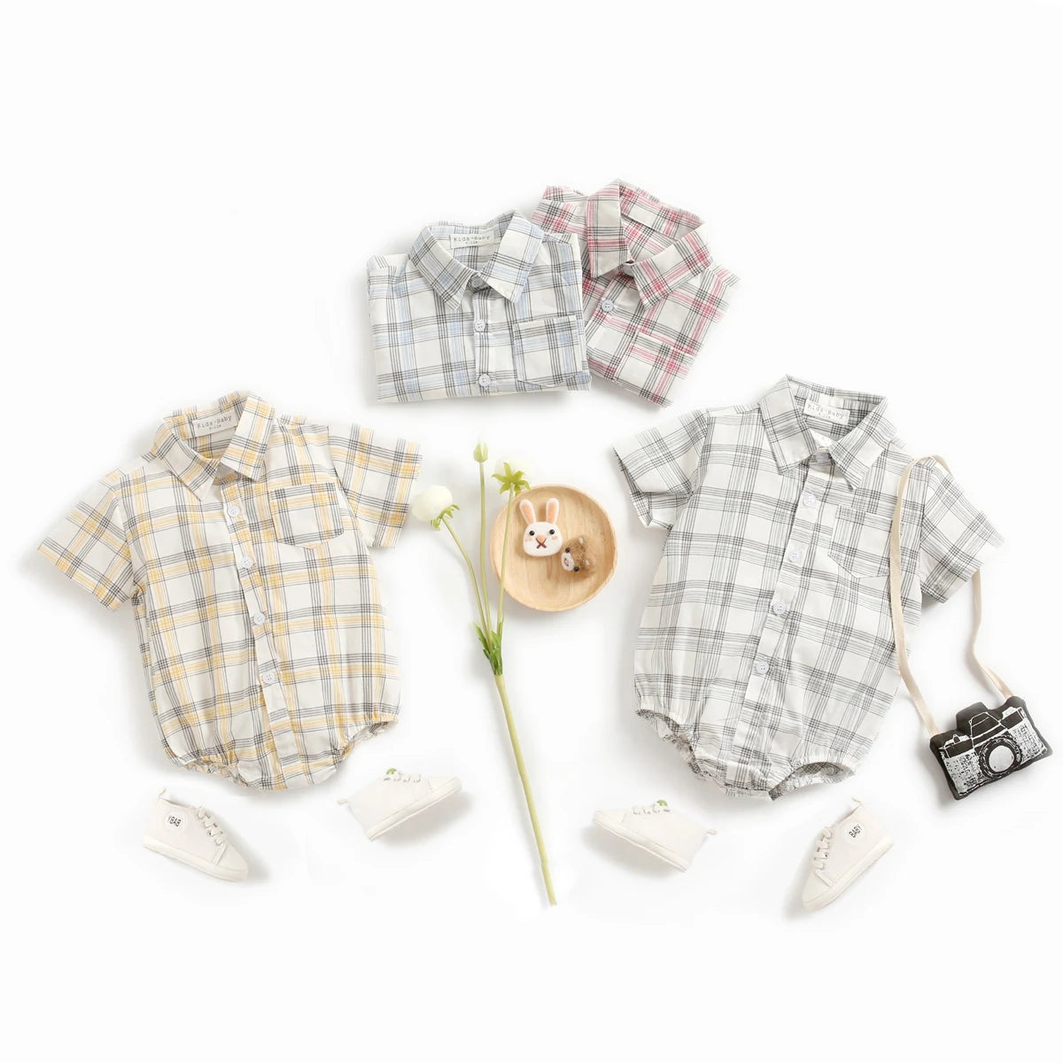 Body Manches Courtes pour Bébé Garçon - Coton Doux - Motif Carreaux - 0 à 12 mois