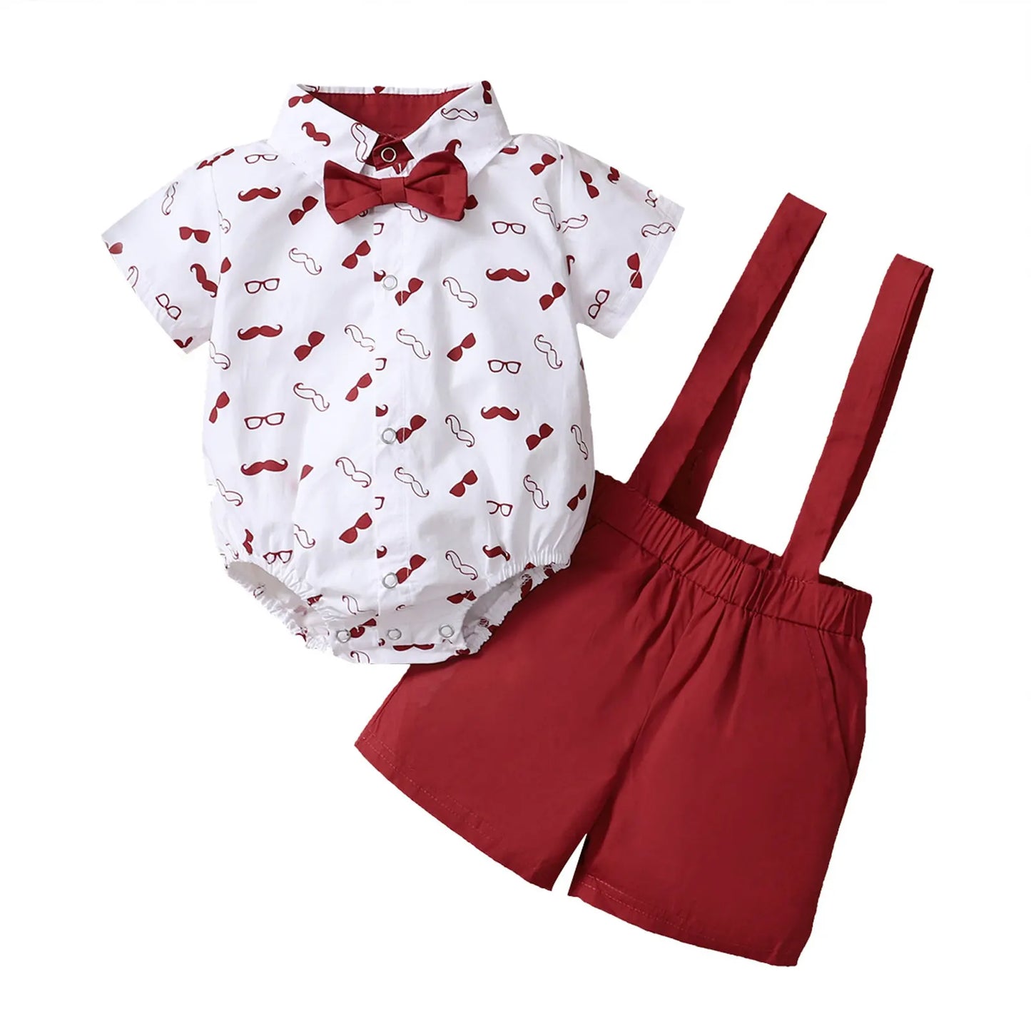 Ensemble garçon 2 pièces - Chemise à col imprimé barbe manches courtes + Short à bretelles couleur unie