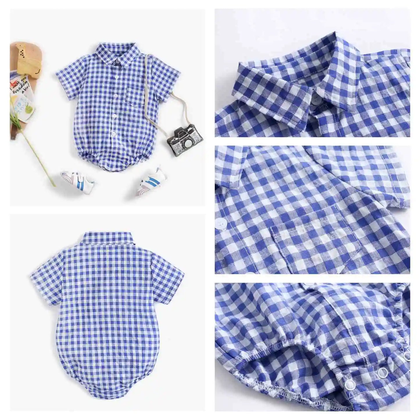 Body Manches Courtes pour Bébé Garçon - Coton Doux - Motif Carreaux - 0 à 12 mois