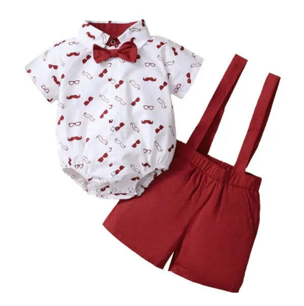 Ensemble garçon 2 pièces - Chemise à col imprimé barbe manches courtes + Short à bretelles couleur unie