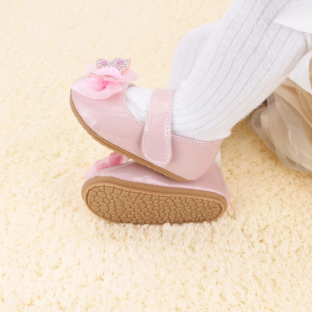 Chaussures Mary Jane bébé fille avec nœud et strass - Chaussures de marche légères antidérapantes printemps automne