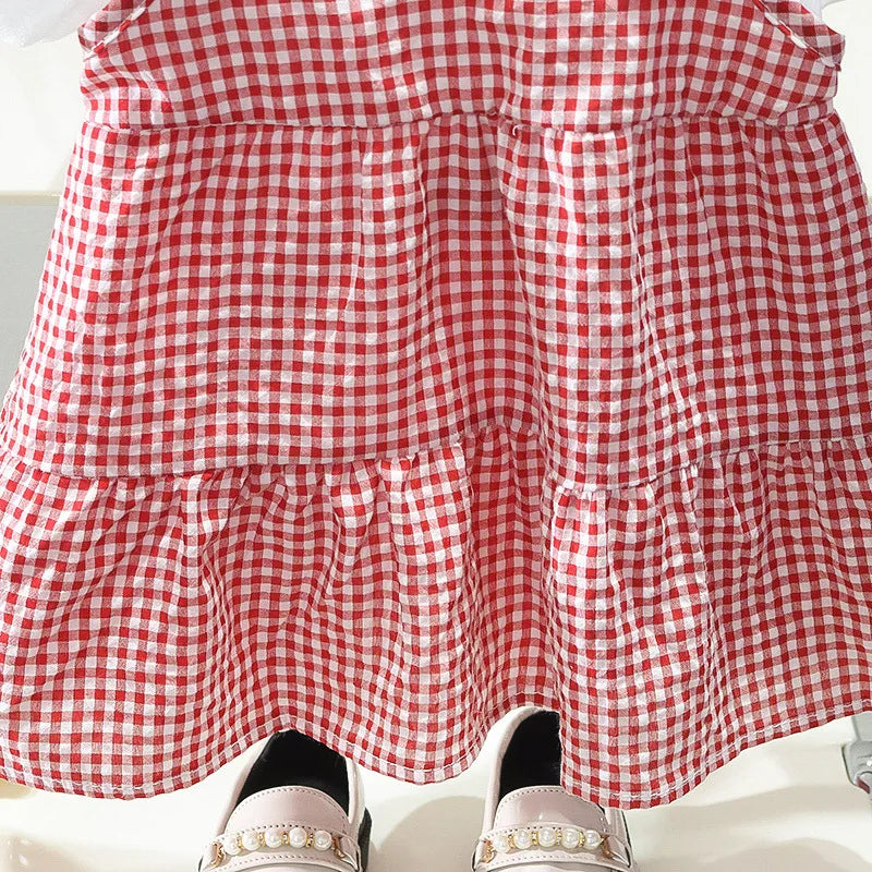 Robe princesse fille manches bouffantes - Robe de fête à carreaux et fleurs pour bébé et enfant - Costume d'anniversaire