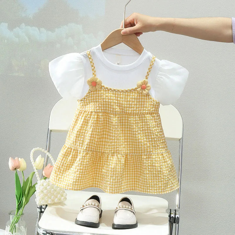 Robe princesse fille manches bouffantes - Robe de fête à carreaux et fleurs pour bébé et enfant - Costume d'anniversaire