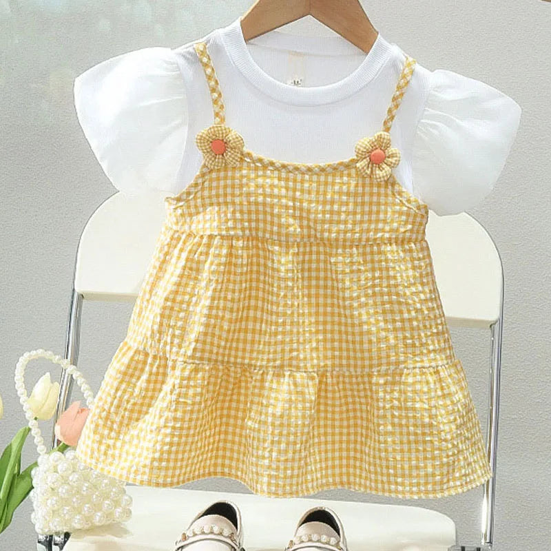 Robe princesse fille manches bouffantes - Robe de fête à carreaux et fleurs pour bébé et enfant - Costume d'anniversaire