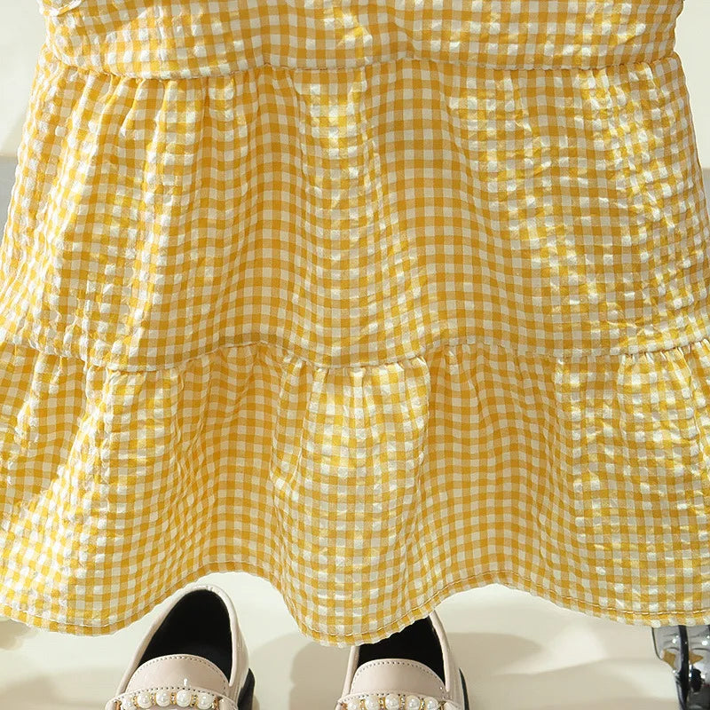 Robe princesse fille manches bouffantes - Robe de fête à carreaux et fleurs pour bébé et enfant - Costume d'anniversaire