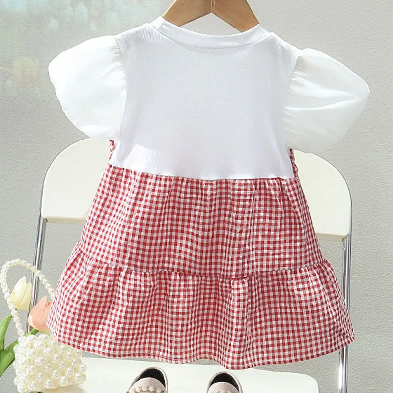 Robe princesse fille manches bouffantes - Robe de fête à carreaux et fleurs pour bébé et enfant - Costume d'anniversaire