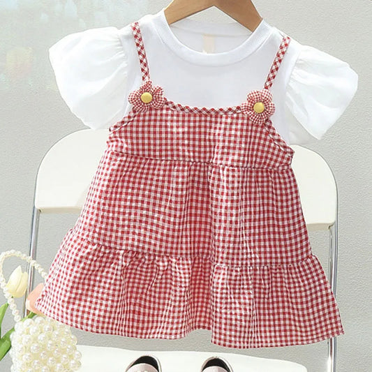 Robe princesse fille manches bouffantes - Robe de fête à carreaux et fleurs pour bébé et enfant - Costume d'anniversaire