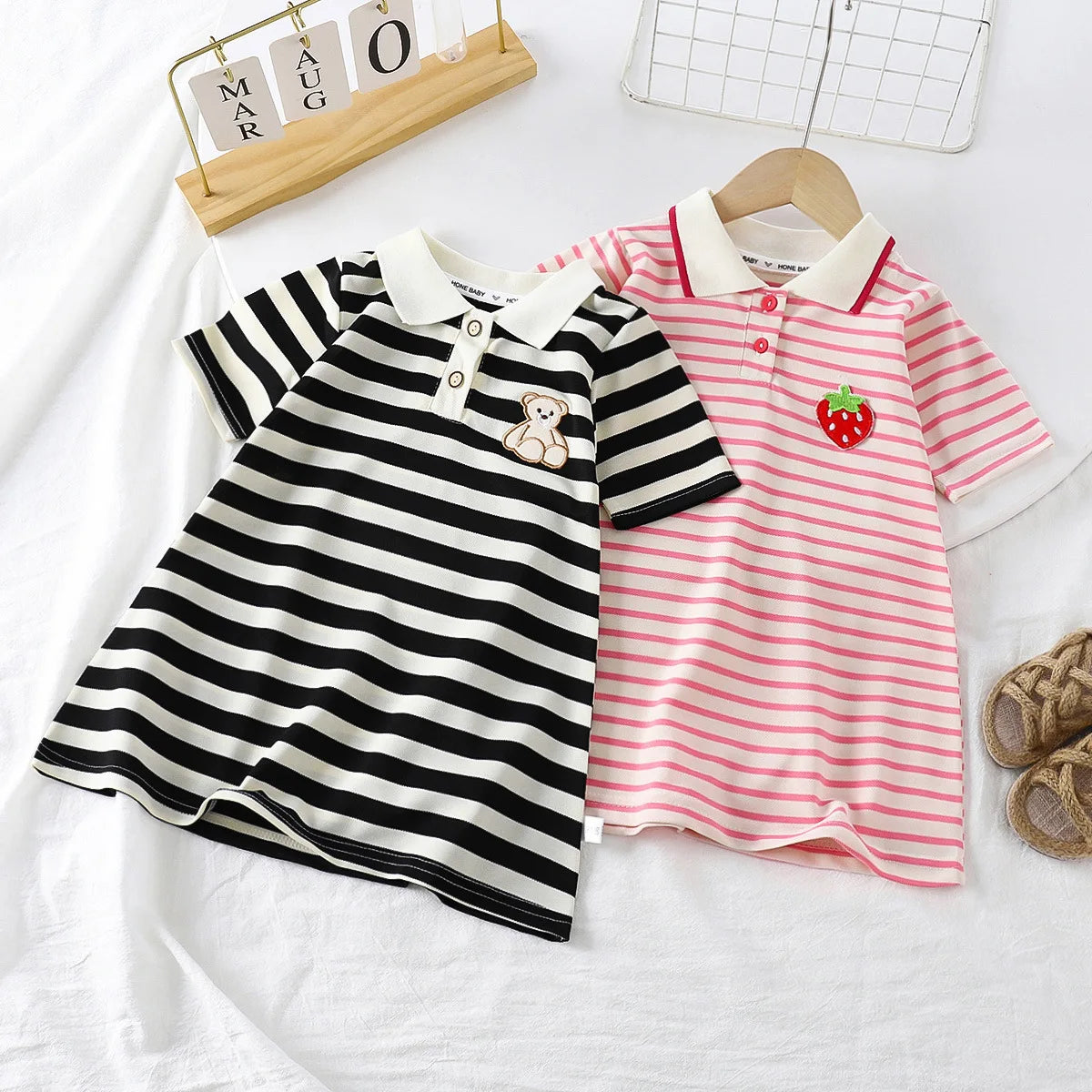 Robe d'été fille à col rayée motif fraise - Robe décontractée pour filles de 1 à 10 ans