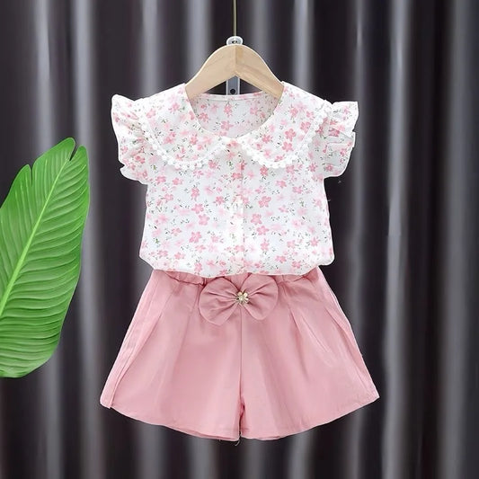 Ensemble fille 2 pièces imprimé fleurs - T-shirt manches courtes + Short - Tenue d'été décontractée