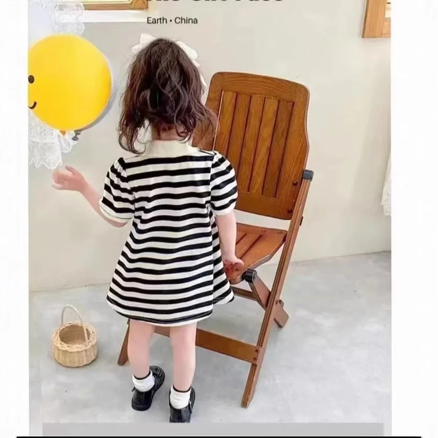 Robe d'été fille à col rayée motif fraise - Robe décontractée pour filles de 1 à 10 ans