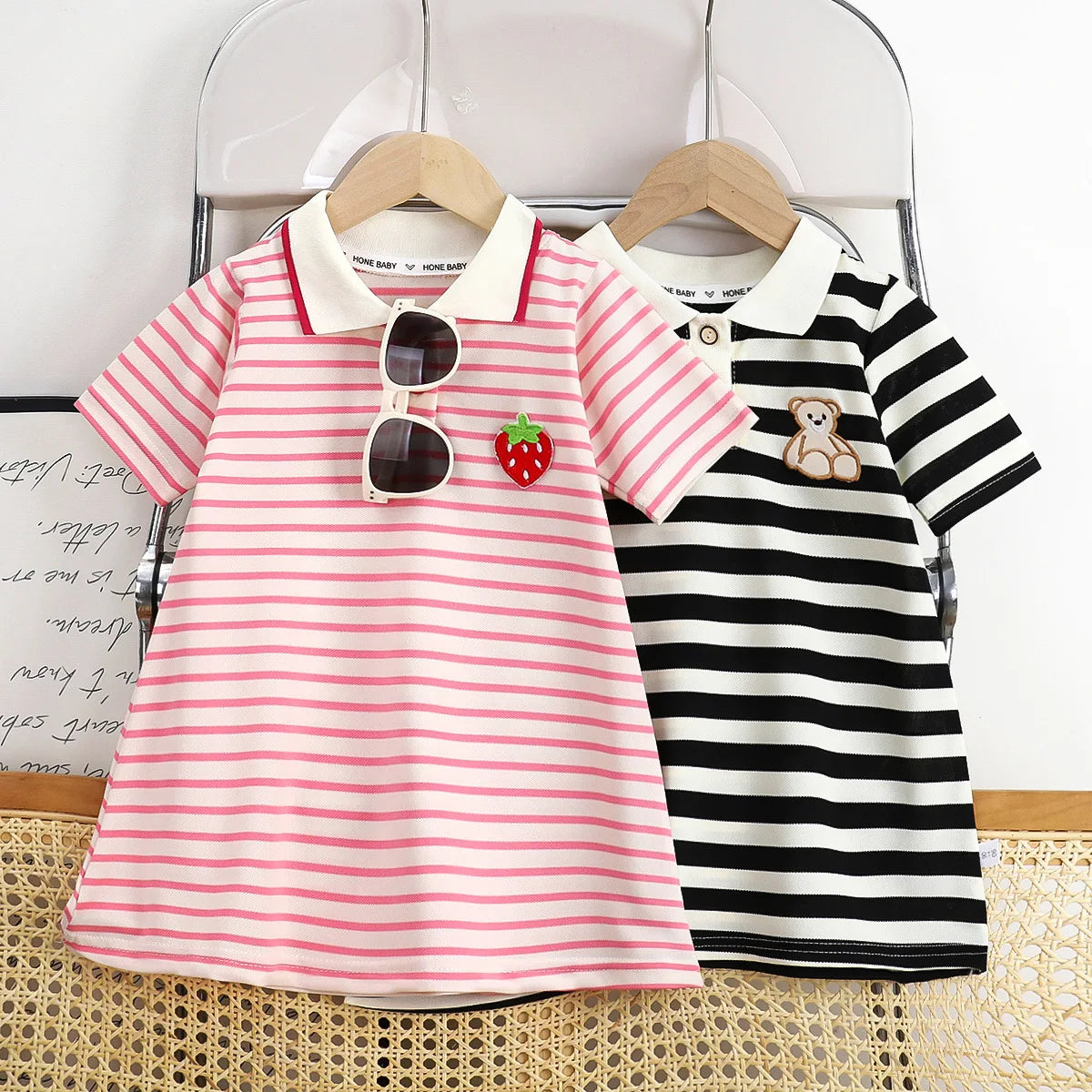 Robe d'été fille à col rayée motif fraise - Robe décontractée pour filles de 1 à 10 ans
