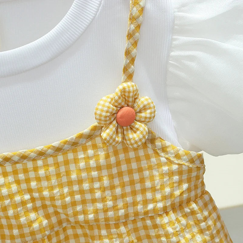 Robe princesse fille manches bouffantes - Robe de fête à carreaux et fleurs pour bébé et enfant - Costume d'anniversaire