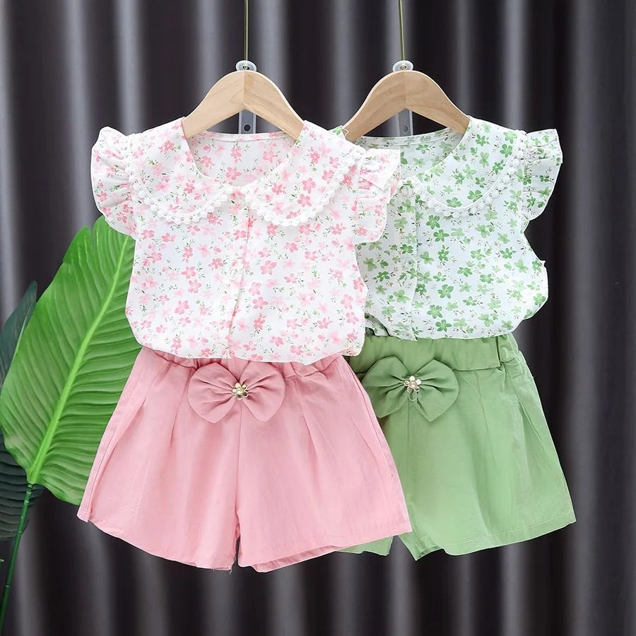 Ensemble fille 2 pièces imprimé fleurs - T-shirt manches courtes + Short - Tenue d'été décontractée