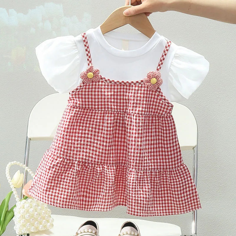 Robe princesse fille manches bouffantes - Robe de fête à carreaux et fleurs pour bébé et enfant - Costume d'anniversaire