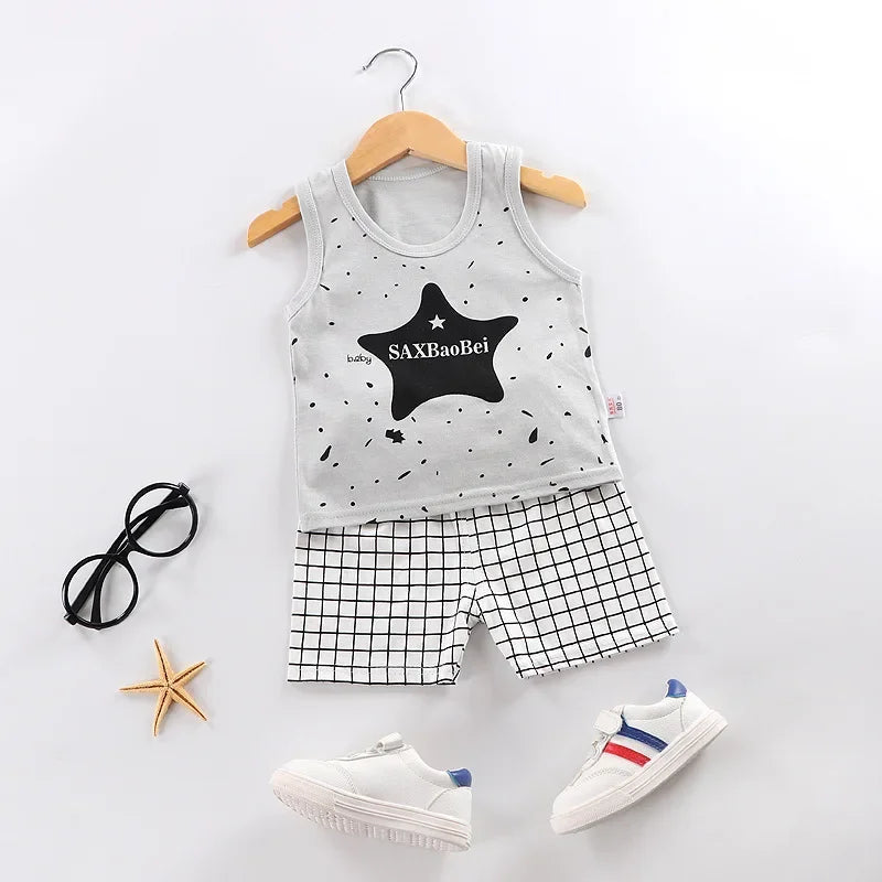Ensemble bébé 2 pièces en coton imprimé - Débardeur + Short respirant pour filles et garçons - Été