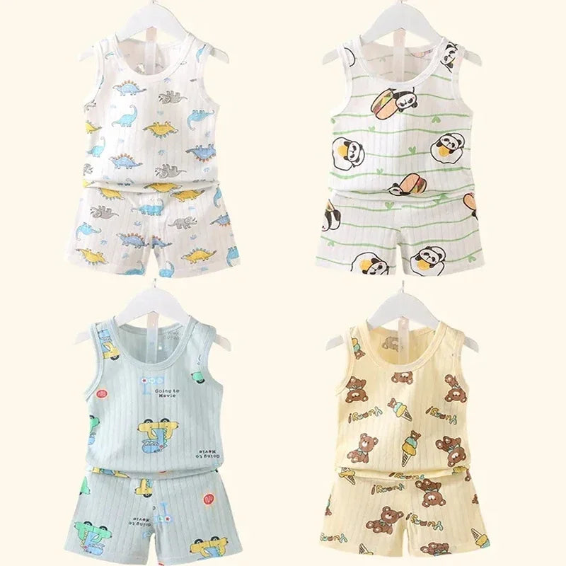 Ensemble bébé 2 pièces en coton imprimé - Débardeur + Short respirant pour filles et garçons - Été