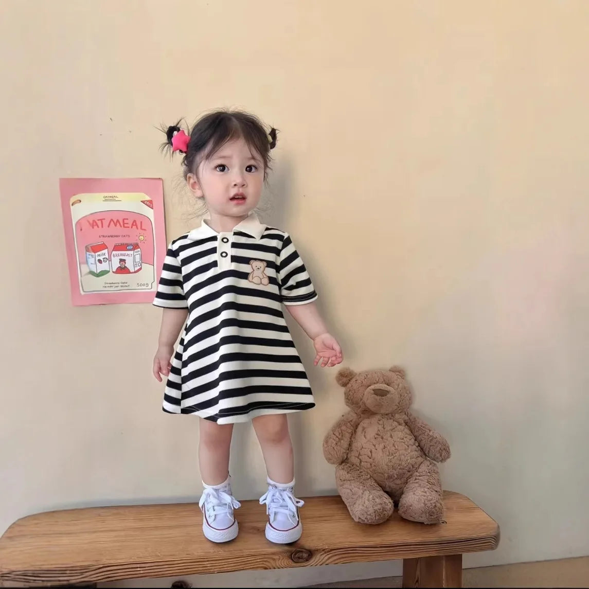 Robe d'été fille à col rayée motif fraise - Robe décontractée pour filles de 1 à 10 ans