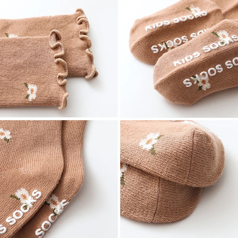 Chaussettes Bébé Fille Antidérapantes - Coton Doux - Motif Floral - 0-5 ans