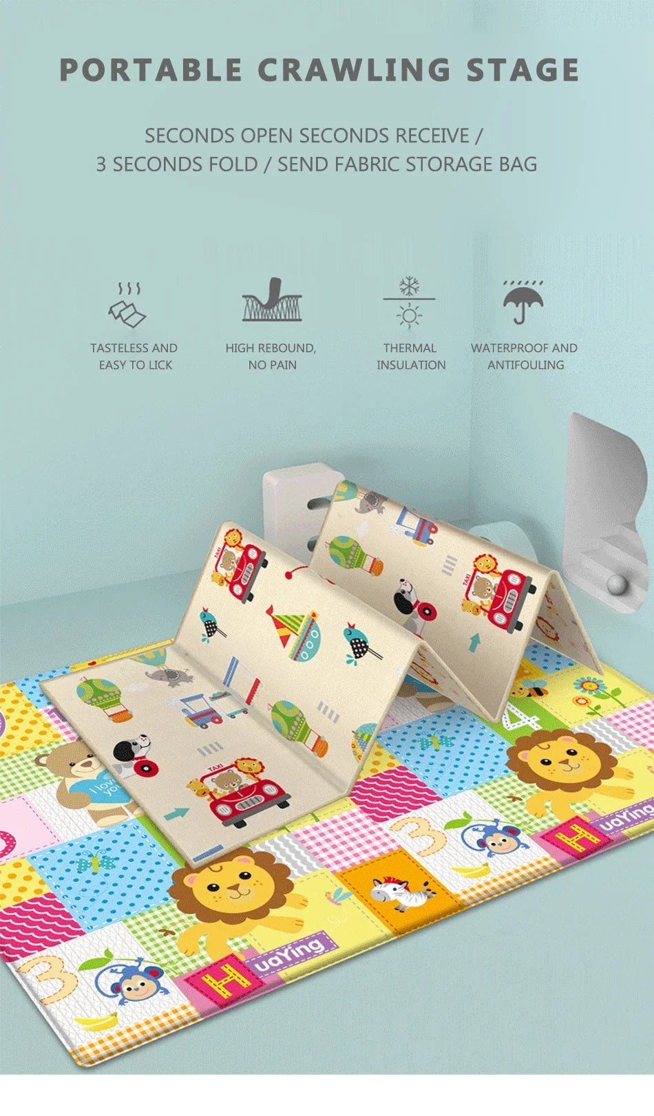 Tapis d'Activités pour Bébé - Double Face - Motifs Cartoon - Imperméable - 177x63.5cm