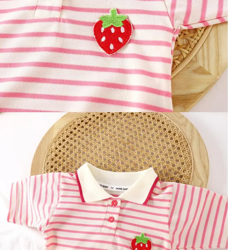 Robe d'été fille à col rayée motif fraise - Robe décontractée pour filles de 1 à 10 ans