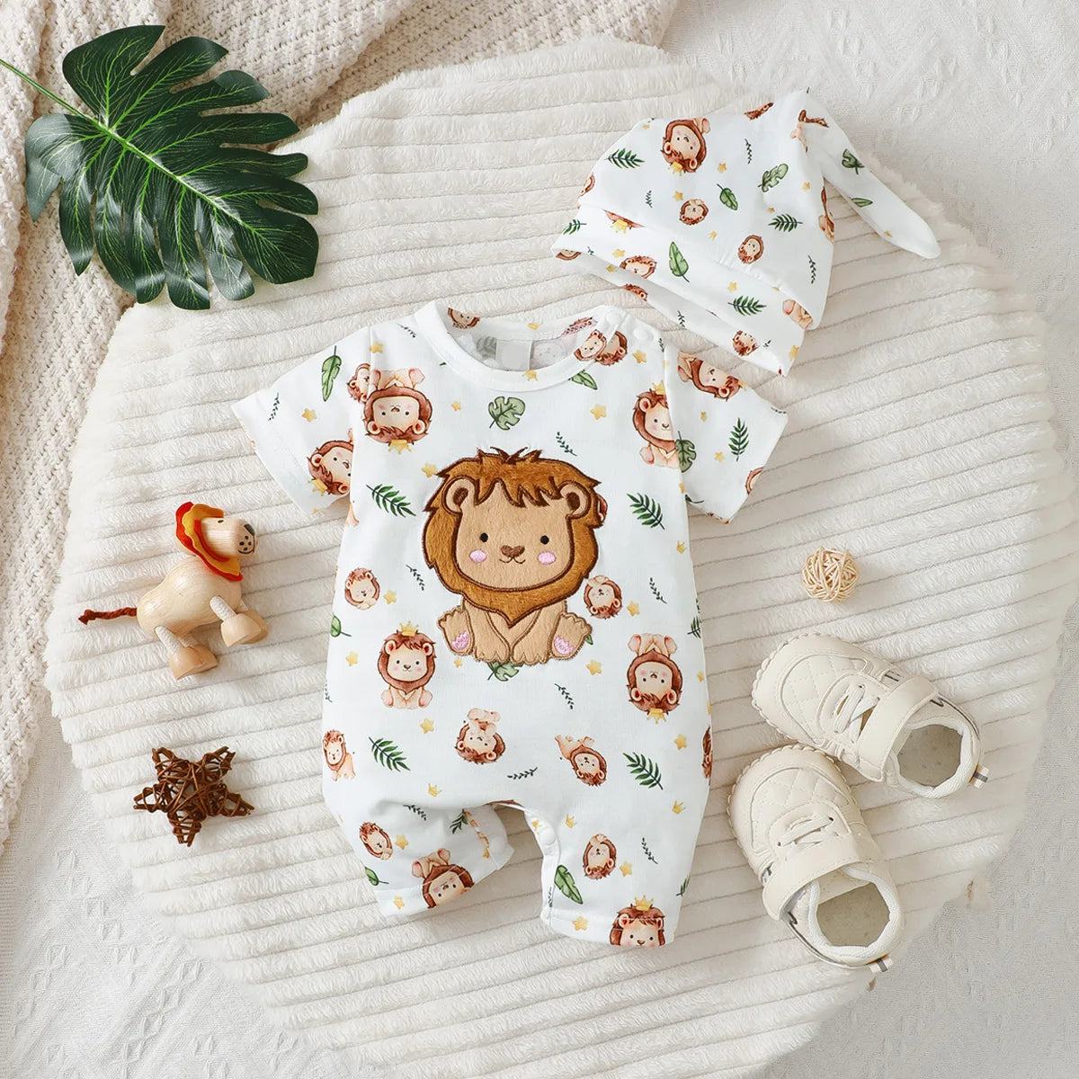 Ensemble Bébé Garçon 3 Pièces - Motif Lion - Sweat à Capuche, Short et Chapeau