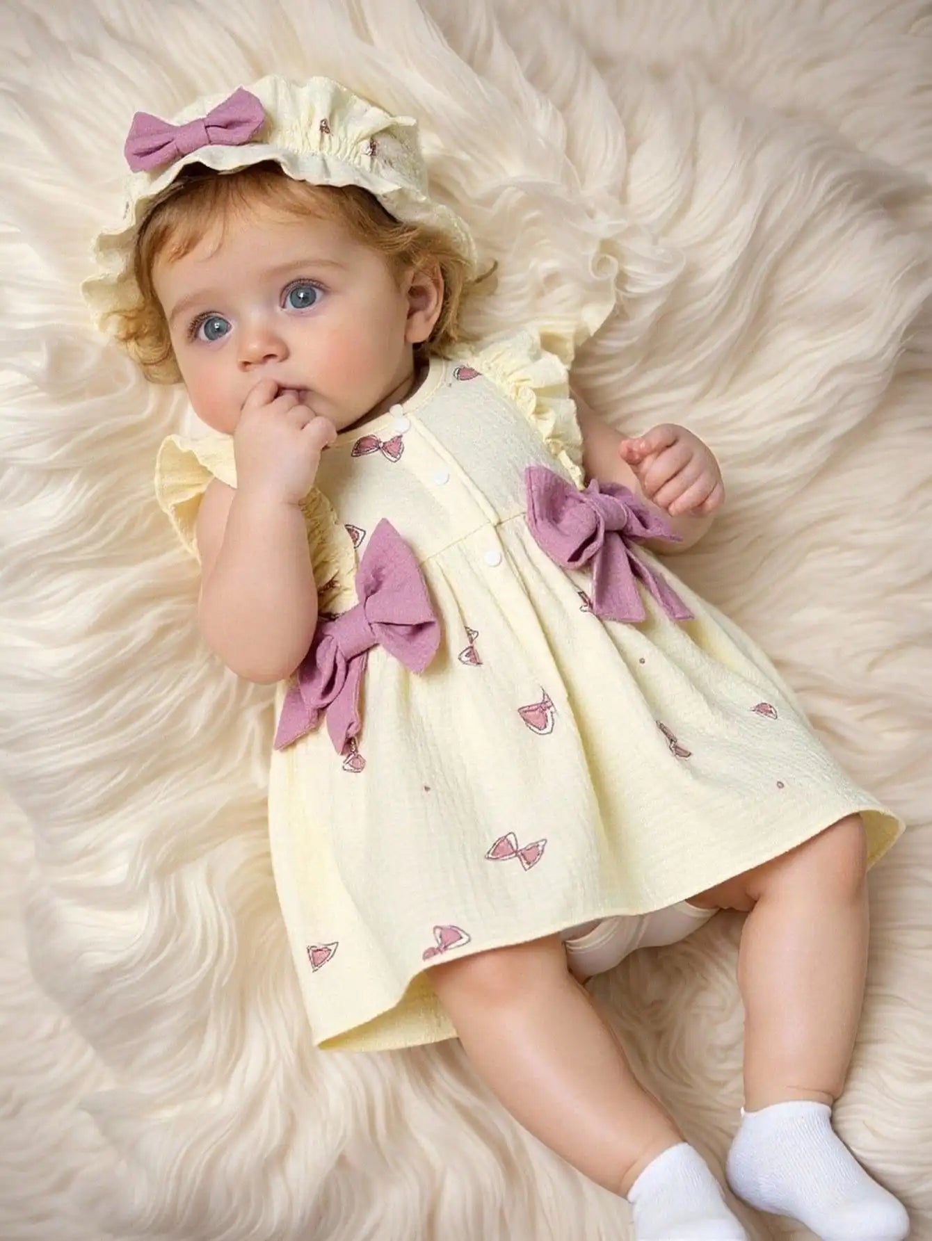 2Pcs Baby girl Dress Round neck Bow print Ruffle Edge Dress+Hat Set suitable for Giving to 0-9 Month Baby girl Newborn Dress