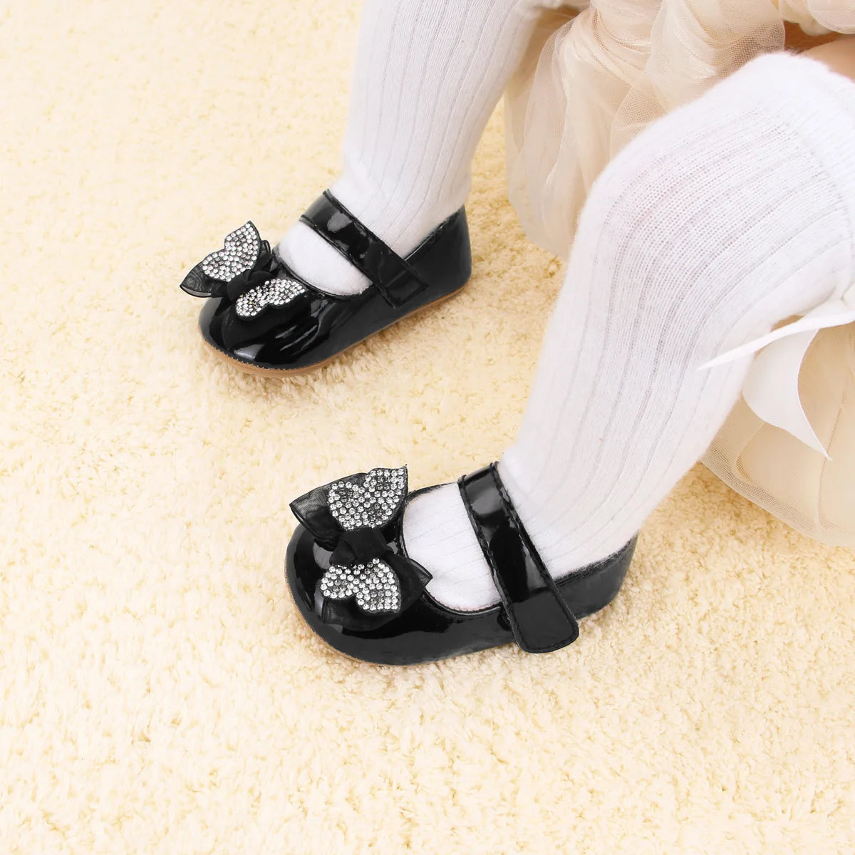 Chaussures Mary Jane bébé fille avec nœud et strass - Chaussures de marche légères antidérapantes printemps automne