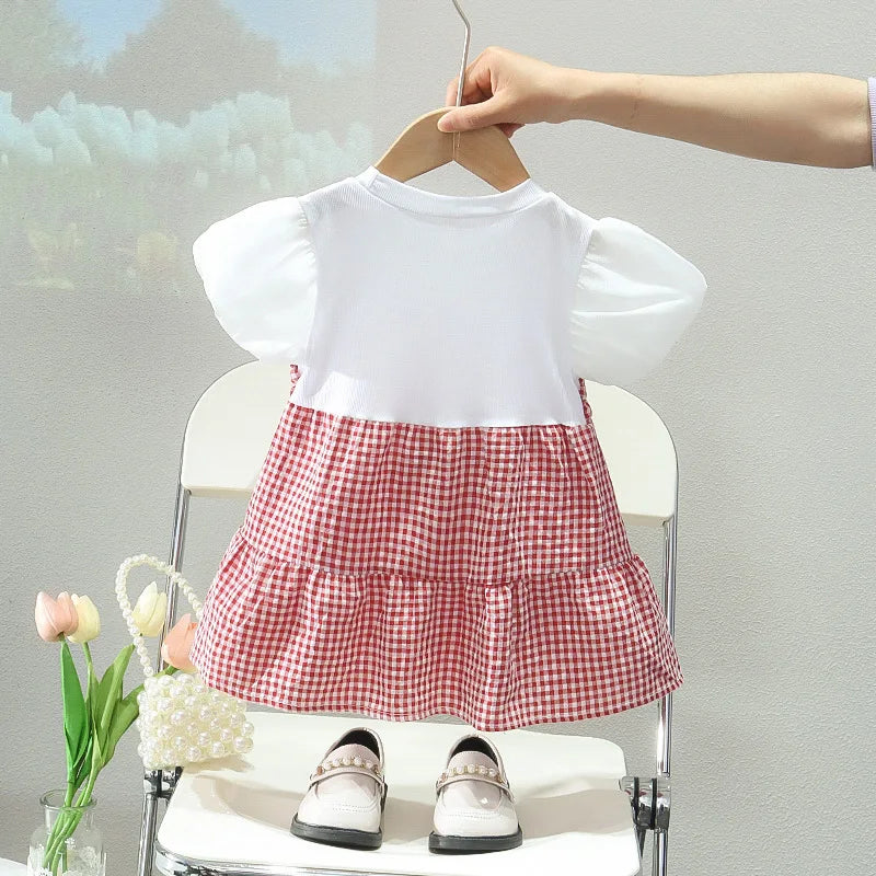 Robe princesse fille manches bouffantes - Robe de fête à carreaux et fleurs pour bébé et enfant - Costume d'anniversaire
