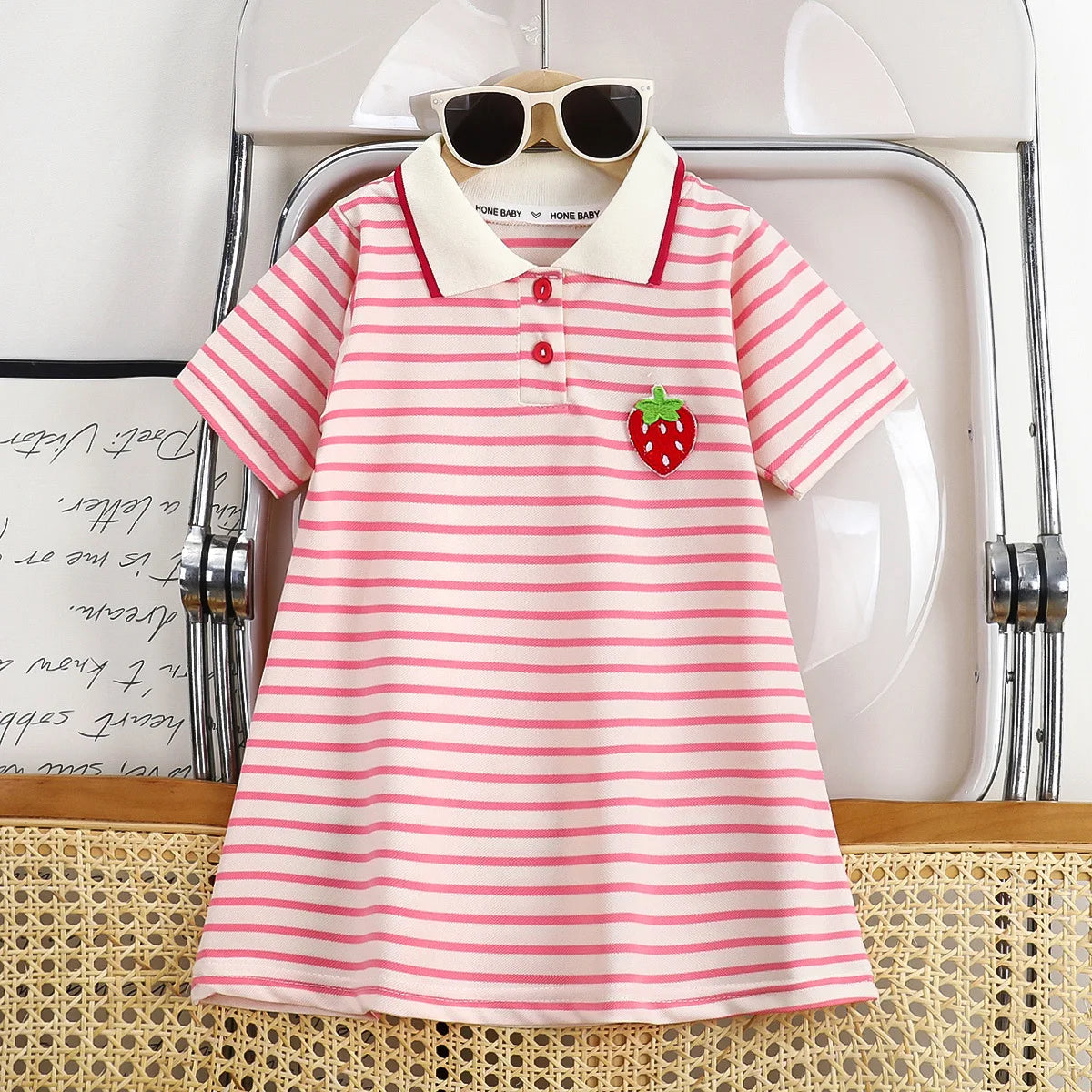 Robe d'été fille à col rayée motif fraise - Robe décontractée pour filles de 1 à 10 ans