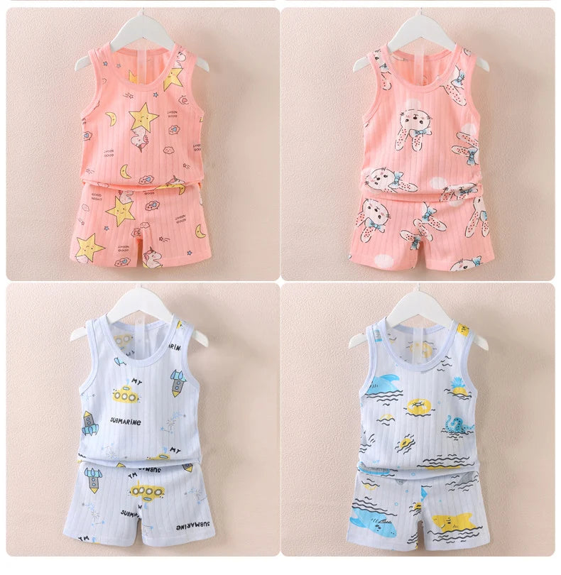 Ensemble bébé 2 pièces en coton imprimé - Débardeur + Short respirant pour filles et garçons - Été